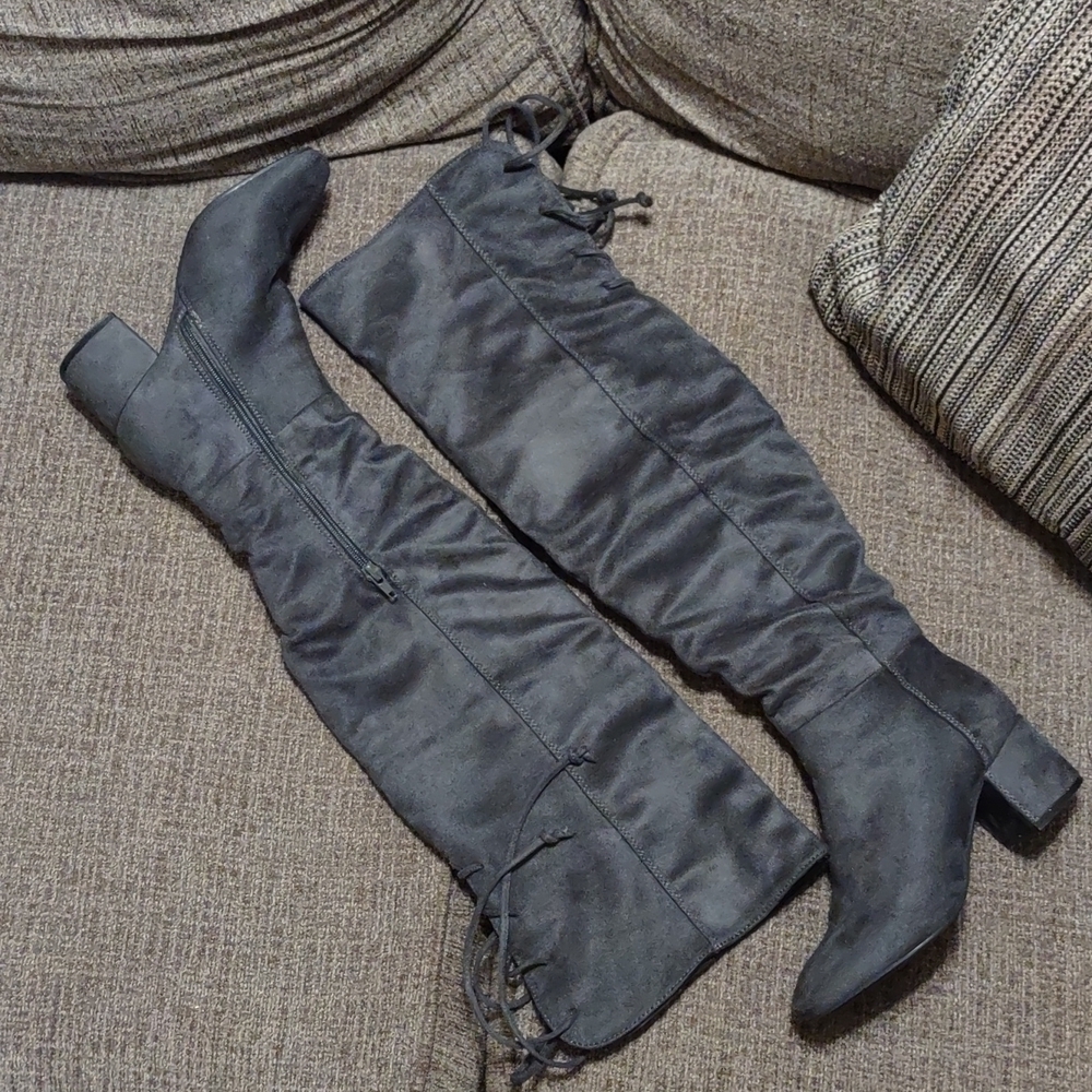 Over the Knee Faux Suede Lace Up the Back Boots